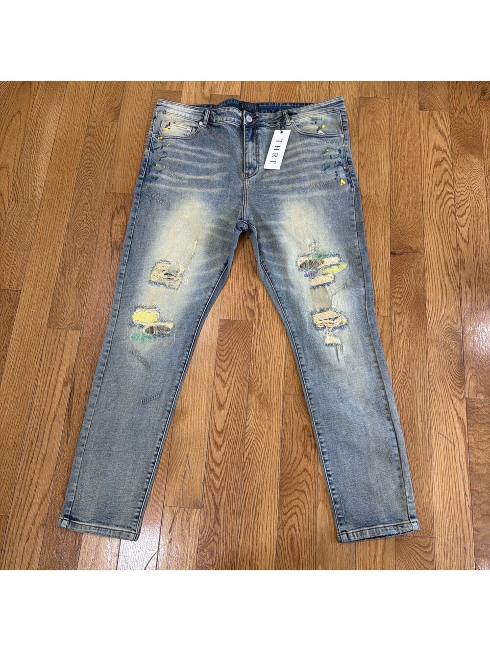 THRT Men’s Size  44 Distressed Light Wash Jeans Paint Splatter Slim Fit Denim